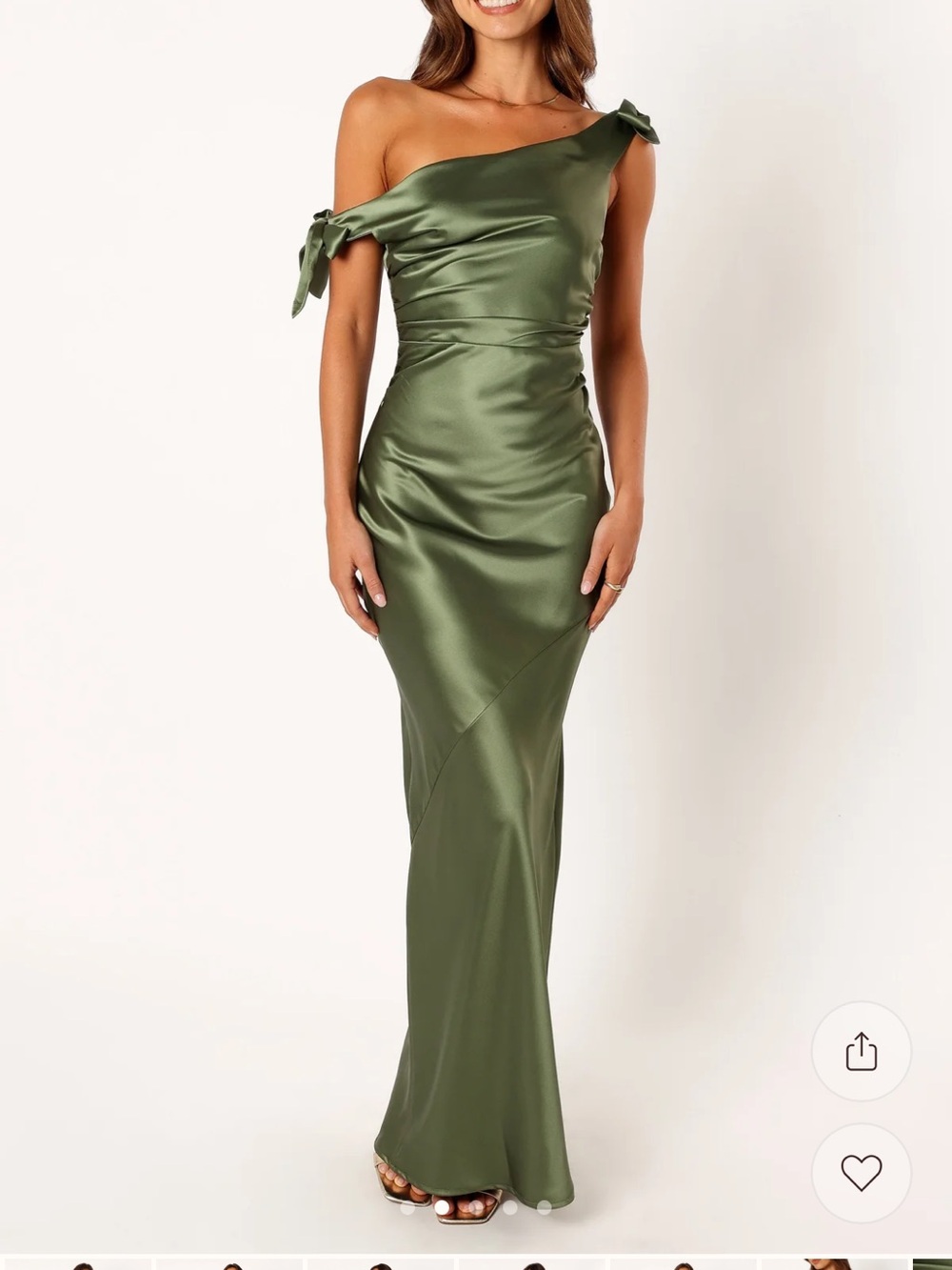 Petal & Pup Olive Green One-Shoulder Selma Satin Maxi Dress